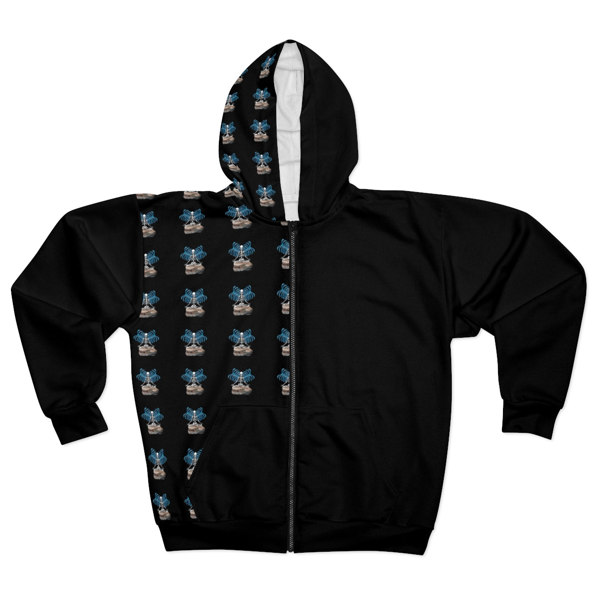 Skeleton meditating on rock zip fleece jacket